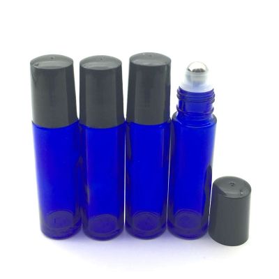 10ml cobalt blue glass roll on essential oil bottle with stainless steel roller and black plastic lid