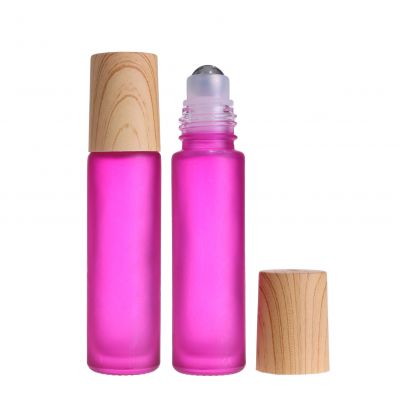 10ml pink Perfume Glass Roller Bottle Matte with bamboo plastic Lid Cosmetic roll on bottle