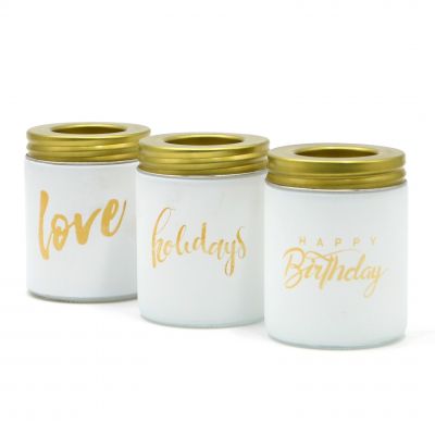 Wholesale Frosted White Glass Candle Vessel 10oz candle jar With Gold Lid 