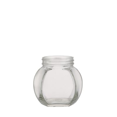 Empty small food storage 380 ml jar glass honey bottles hexagon with metal lid