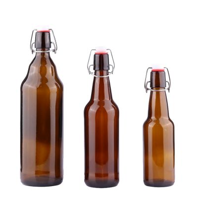 Hot sale 300ml 500ml 1000ml flip top amber brown color empty round glass beer bottle swing top 