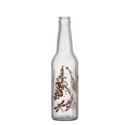 Factory direct good price 330 ml clear empty emboss glass beer bottle with crown 