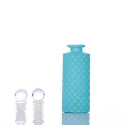 Empty sprayed blue 150ml Carving Cylindrical Glass Essential Oils Reed Diffuser Bottles 