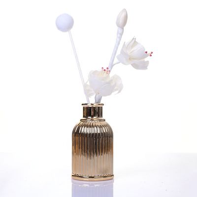 Wholesale 100ml decorative round shape electroplating golden vertical stripe glass perfume reed diffuser bottles 