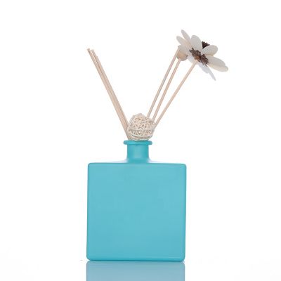 350ml Flat Square Shaped Blue Glass Bottles Reed Diffuser Glass Bottle With Cork Stopper 