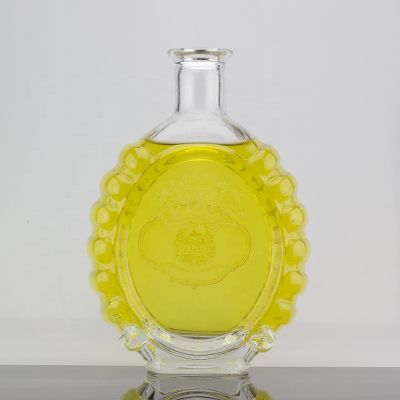 Top Grade Embossed Unique Shape Cork Sealed 700ml Brandy Glass Bottle Thick Bottom 