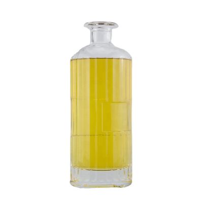 luxurious stop bottle 750ml cylinder engraving round shoulder spirit liquor super flint glass bottle with glass bar top 
