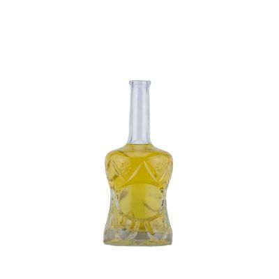 New Design Embossing Irregular Body Long Neck Glass Bottle 70 Cl Gin Decal Cork Stopper Bottle