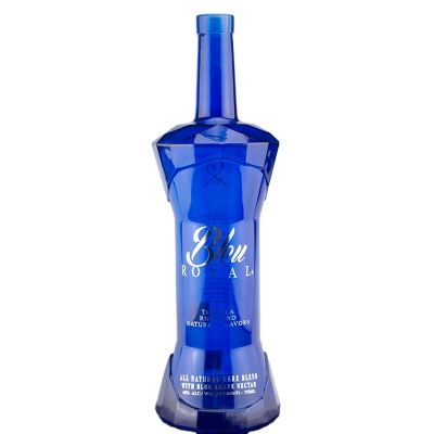 750ml Cobalt blue Color Unique Shape Customized Screen Printing Decoration Liquor Vodka Whiskey Glass Bottle With Cork Top 