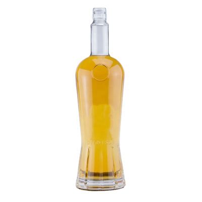 Custom Unique Shaped Transparent Embossed Glass Bottle For Liquor Spirits Vodka Whiskey With Aluminium Caps 750ml