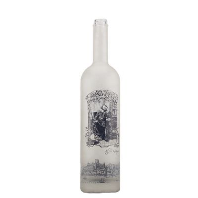 Factory Direct Exquisite Decal Design With Frost Finish 750ml Liquor Glass Bottle For Vodka Whiskey Gin With Wook Cork