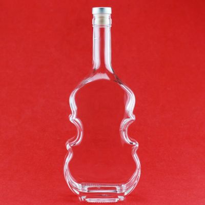 Fashion Design Elegant Violin Shape 750ml Glass Bottle Long Neck Thick Bottom Whiskey Glass Bottles With Silver Caps 