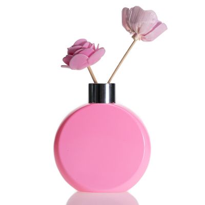 Wholesale Flat Round Shape Fragrance Diffuser Bottle Pink 150 ml Glass Diffuser Bottle