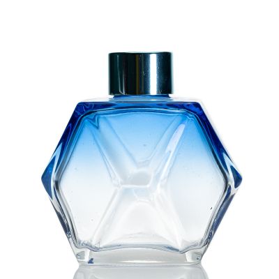Luxury Gradient Blue Polyhedron Shaped Glass Aroma Reed 200ml Diffuser Bottle With Cap 