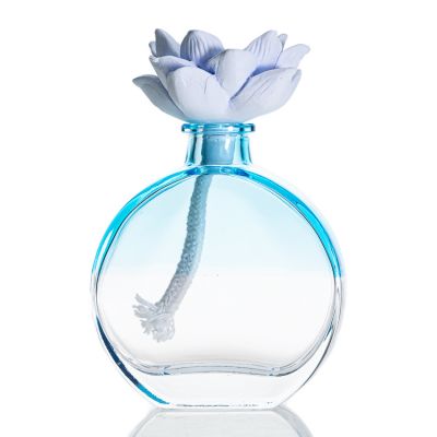 Custom Fragrance Bottle Clear Blue Flat Round Empty Reed Diffuser Bottles