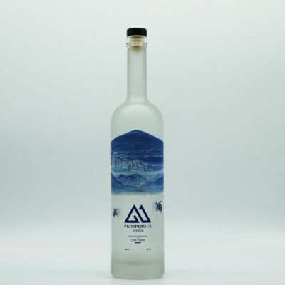Customer desgin bottle frosting decal tall round shape vodka whisky glass bottle with logo