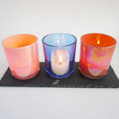 pink blue holographic decorative glass candle jars for 12oz of wax filling with bamboo lid