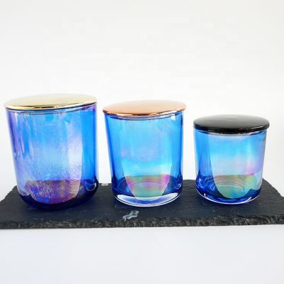 high quality luxury clear blue plating glass candle jar 8oz 12oz 16oz with decor lids