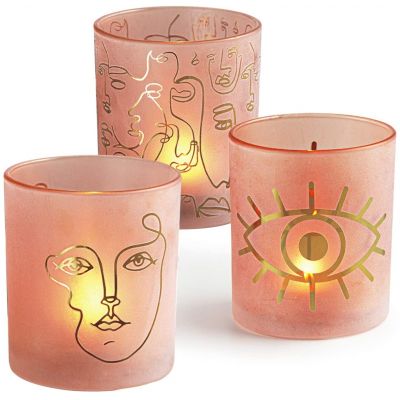Set of 3 decorative Glass Votive Candle Holder Sets with Stylish Engraved Irregular Face Pattern