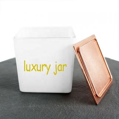 custom logo design matte white 10oz square candle container with silver rose gold metal lids