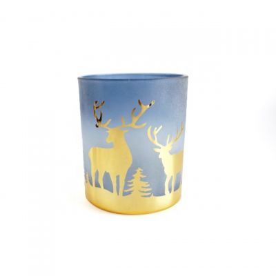 Laser Engraving Blue Glass Candle jar 12oz with Gold Electroplated Deer And Tree design