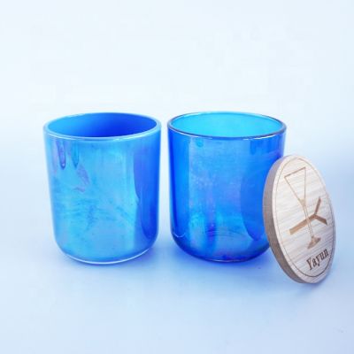 Iridescent Transparent Dark and Light Blue Ion Electro 16oz Glass Candle jars with Wooden lids