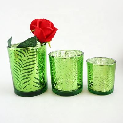 Wholesale custom Home Decoration vintage laser engraving green glass candle jars with silver plating