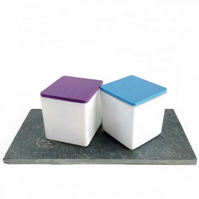 matte white square glass candle holder with colored lids