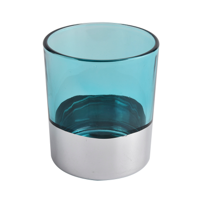 Hot sale 400l cylinder blue and electroplating outside glass candle jar in bulk