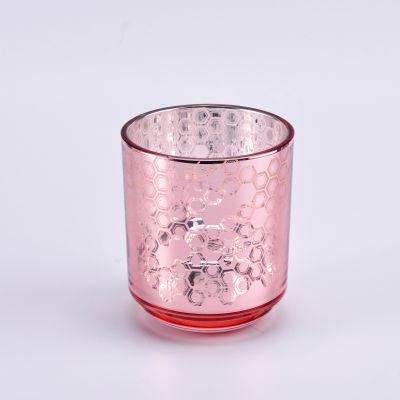luxury candle jar with lasering pattern, pink glass candle holder for home decor