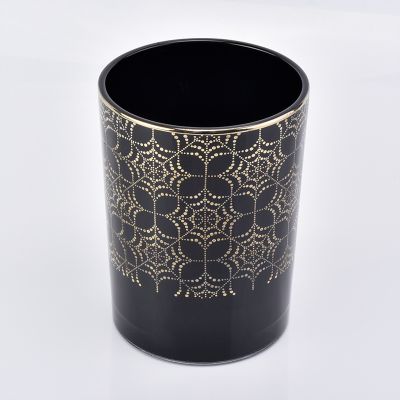 Bright Black Glass Candle Jar With Gold Decoration Wholesale
