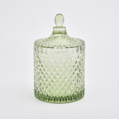 Semi transparent green color glass jar for candle holder with lid