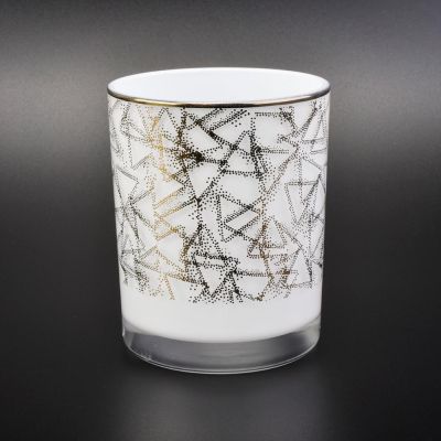 12 oz soy candle holder, unique white glass candle jar with gold prints