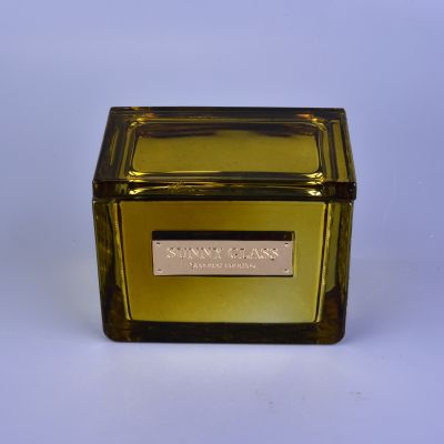 Wholesales luxury spray square gold glass candle holders with lid