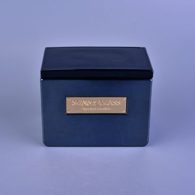 luxury square dark blue scented glass candle holders with lids 10oz 20oz