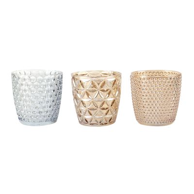 Set of three pcs 300ml empty glass candle holder with different relief patterns