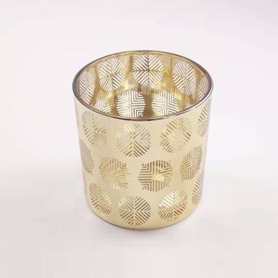 Big Size Golden Electroplating With Laser Engraving Printing Glass Candle Holder Religious Activities Use Glass Candle Jar