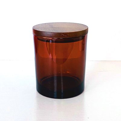 Luxury Amber Glass Jar Wood Lid Frosted Amber Glass Candle Container Scented Soy Wax Candle For Home Decor