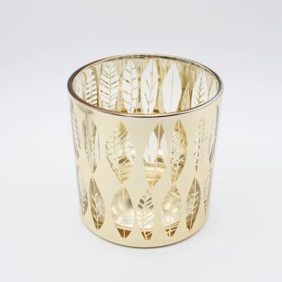 Electroplating Golden Color Candle Cup Engraving Leaves Glass Candle Jar