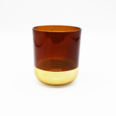 10.5oz 300ml Sprayed Amber Color Glass Candle Jar with Lid Electroplating Golden Base Glass Candle Holder