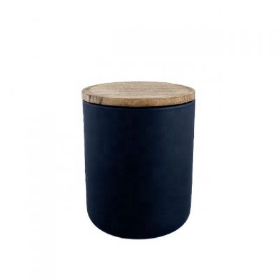 Wholesale Frosted Black Glass Candle Holder Candle Jars With Wooden Lid