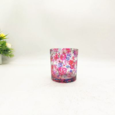 Colorful red rose flower logo all over the cup body romantic glass candle holder