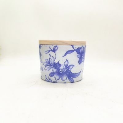 16 oz Chinese style blue and white porcelain cup wall orchid light wooden cup lid candle holder