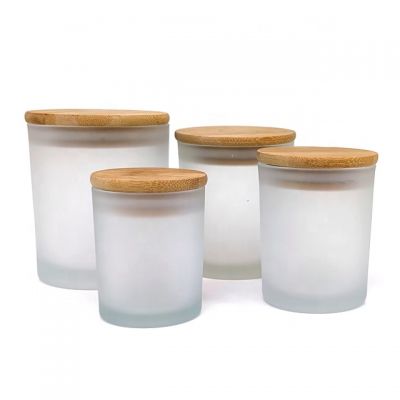 Frosted empty glass candle jar with bamboo wooden lid