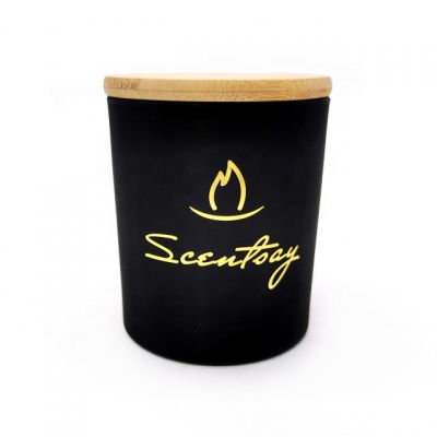 Black matte frosted custom gold metal texture label glass candle holder/candle jar container with wooden lid