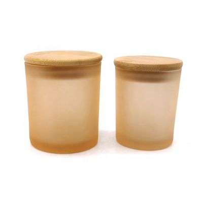 Wholesale color promotional frosted champagne glass cup candle jar with wood lid for DIY candle making