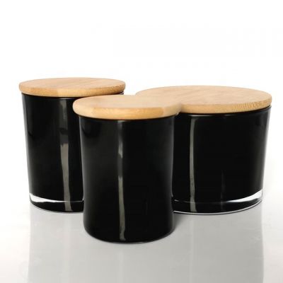 Black 200ml 500ml polished glass candle container jars with bamboo lid for DIY candle making