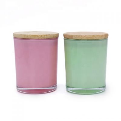 Wedding romantic color small painted polished glass candle jar with bamboo lid