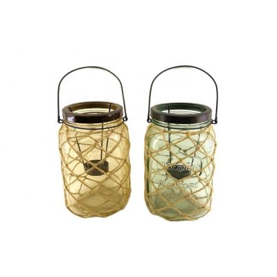 Outdoor hanging hemp rope candle holders spray color wall glass candle holder with hemp rope