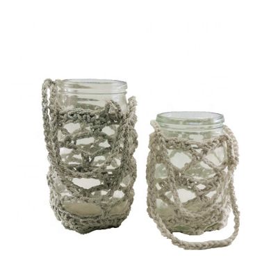 Customised glass votive candle holder and handmade tall clear glass candle holders with linen handle
